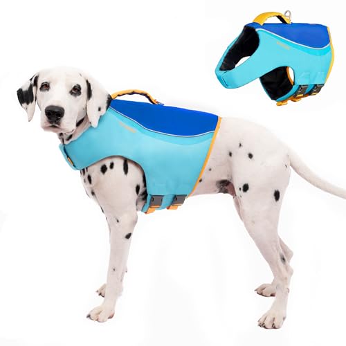 Tuff Pupper Dog Life Jacket | High Buoyancy Dog Swim Vest with Rescue Handle | Adjustable Secure Fit | Reflective Safety Trim | Pet Flotation Jacket for Swimming Boating Kayaking (Blue/Yellow, L) - size: Large