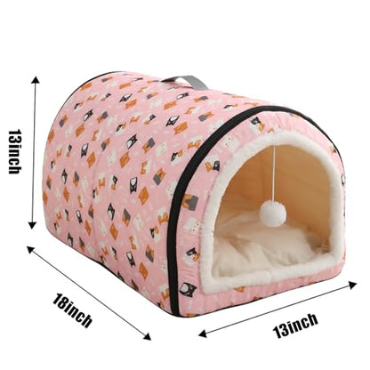 Cozy Cat Bed Cave, Cat Bed for Kittens and Small Pets, Kitten Bed Hideout House with Removable Mattress for Kittens (Pink, 18"×13"×13")
