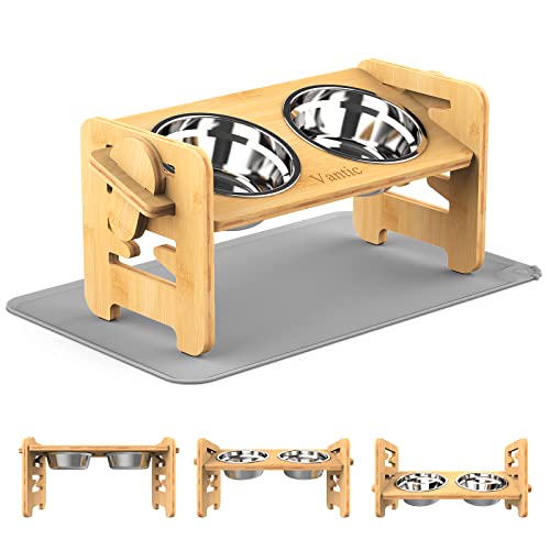 Vantic Elevated Dog Bowls with Mat, Adjustable Raised Dog Bowl Stand for Small Puppy and Cats, Sturdy Bamboo Pet Food Feeder with 2 Stainless Steel Dishes, Natural - color: Bamboo, size: for Small Dogs and Cats (with mat)