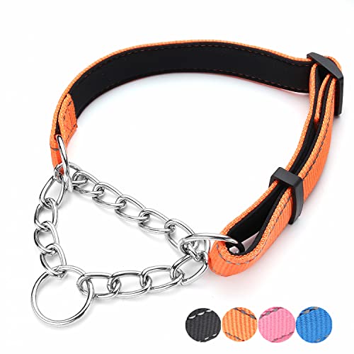 Martingale Dog Collar Wide 2.5CM(0.98inch) Reflective Nylon with Stainless Steel Chain Dog Collar Comfortable Soft S-(doginchs neck10-15inches) - color: Orange, size: S-(dog's neck10-15inches)