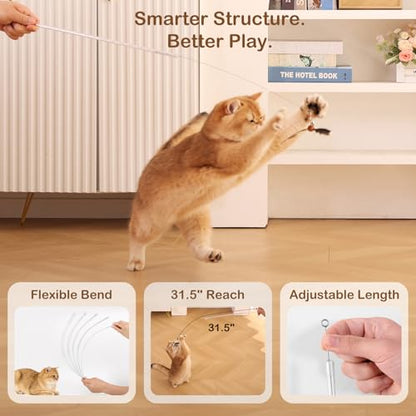 Retractable Cat Wand Toy with Spinning Natural Feather – Interactive Cat Teaser Wand for Indoor Cats, Adjustable Lightweight Cat Toy Wand with 4 Feather Refills - No String Version - color: No String Version