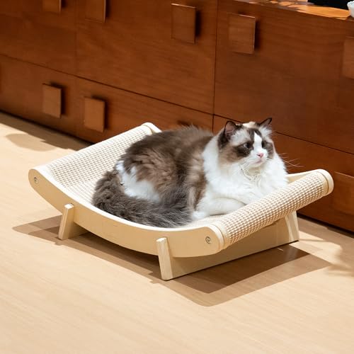 PETKARAY Inclined Sisal Cat Scratcher Bed, Curved Wooden Cat Hammock Chair, Large Scratch Pad for Indoor Cats, Cozy Cat Furniture Lounge, 24x14.5x8 inches