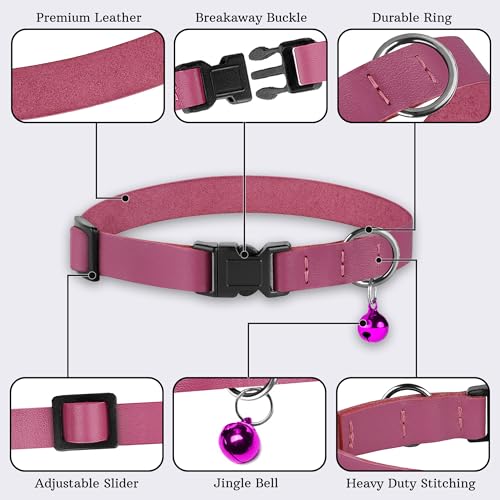 Breakaway Cat Collar with Bell - Leather Adjustable Kitten Collars with Safety Quick Release Buckle - Soft Small Pet Collars for Girl & Boy Cats (Pink) - color: Pink