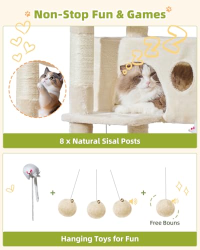 Taoqimiao Cat Tree Tower, 76-Inch Sturdy Cat Tree for Indoor Cats Large Adult Cat Tower with Scratching Posts，2 Condos, 2 Perches, 2 Large Hanging Baskets, Soft Hammock, MS046M Beige - color: Beige
