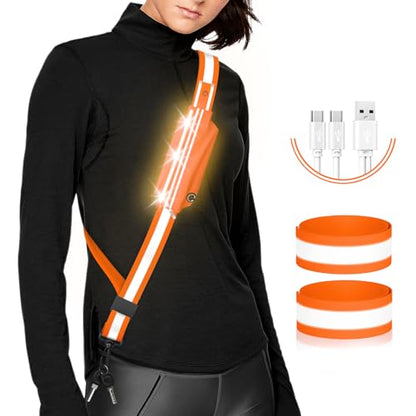 Ylzzrs LED Belt Reflective Sash for Walking at Night,High Visibility Adjustable Night Running Safety Gear,Light Up Running Belt Reflective Gear with Phone Bag/Armband for Runners Walkers Men Women - color: Orange