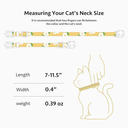 2 Pack Cotton Breakaway Cat Collar Green and Yellow Flowers Pendant Cute Kitten Cat Collar with Bell - color: Green&Yellow
