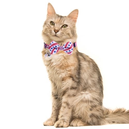 American Flag Cat Collar with Bell Bow Tie Star Breakaway Adjustable for 4th of July Independence Day - color: 2PCS-3