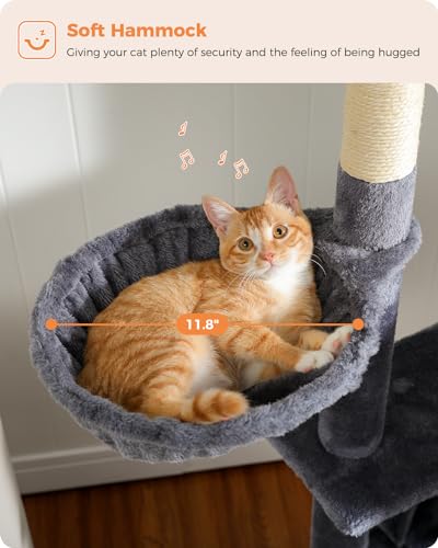 MUTTROS Cat Tree for Large Cats Adult with Super Large Top Perch, 56.3" Tower with Plush Hammock, Shelves and Dangling Pompom, Scratching Posts and 2 Condos House, Dark Gray - color: Dark Gray, size: 56.3inch