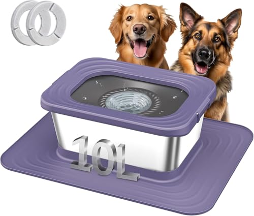 Decflow 10L Stainless Steel Dog Water Bowl, No Spill Anti-Splash Dog Bowls with XXL Silicone Mat, Spill-Proof Slow Feeder for Messy Drinkers, Heavy Duty Pet Bowls for Indoor/Outdoor Use Purple - color: Purple, size: 10l