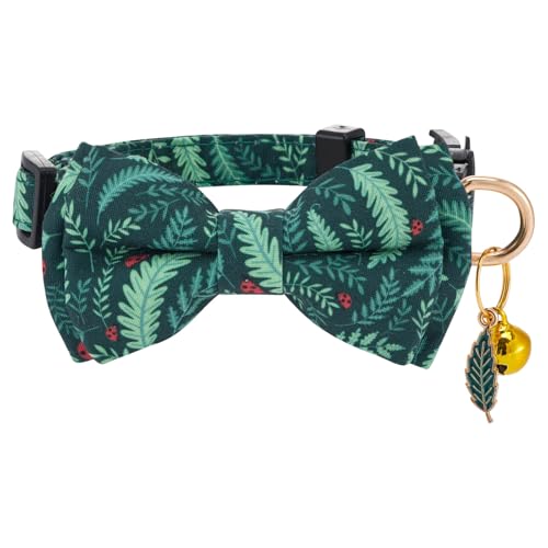 2 Pack Breakaway cat Collar with Bow Tie and Bell,Adjustable Soft Cotton Pet Collar with Pink and Red Bow Patterned Design for Kitten Adult Cats (Green Plant & Pink Butterfly) - color: Green Plant & Pink Butterfly