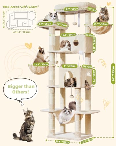 Taoqimiao Cat Tree Tower, 76-Inch Sturdy Cat Tree for Indoor Cats Large Adult Cat Tower with Scratching Posts，2 Condos, 2 Perches, 2 Large Hanging Baskets, Soft Hammock, MS046M Beige - color: Beige