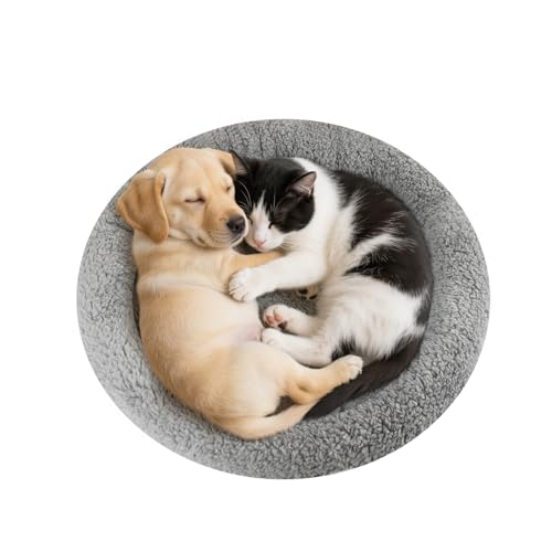 Plush Cat Bed Mat Diameter 19.5" Round Pad with Pillow Around for Cats Dogs Relying/Curling Sleep Warm Dog Cushion for Crates, Antiskid Bottom, Large, Gray - size: Large(Round)