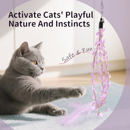 Cat Wand Toys for Indoor Cats - Cat Toy Set with Retractable Teaser Wand and 6 PCS Fairy Feather Toy Refills, Dragonfly Tassel Cat Toys Interactive, Purple - color: Purple