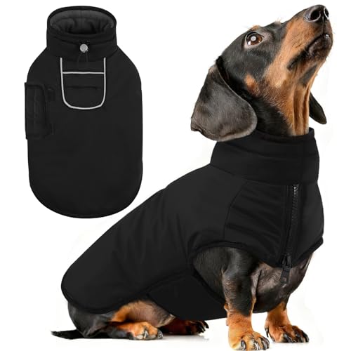 AOFITEE Small Dog Winter Coat, Waterproof Puffer Jacket With Harness Hole & Fleece Collar, Reflective Warm Snowsuit for Chihuahua, Yorkshire, Dachshund, Black S - color: Black, size: Small