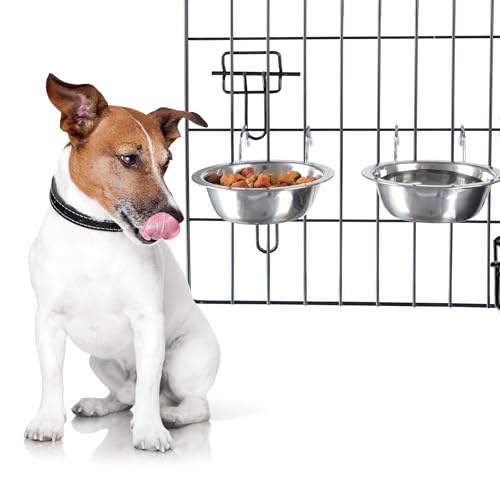 Set of 2 Stainless-Steel Dog Bowls - Cage, Kennel, and Crate Hanging Pet Bowls for Food and Water - 8oz Each and Dishwasher Safe by PETMAKER, Silver - size: 8oz