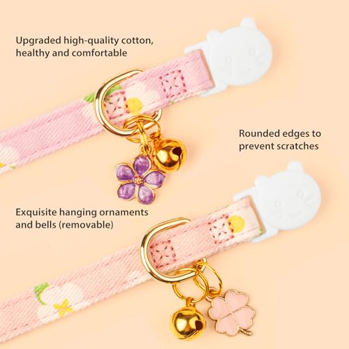 2 Pack Cotton Breakaway Cat Collar Purple and Pink Flowers Pendant Cute Kitten Cat Collar with Bell - color: Purple&Pink