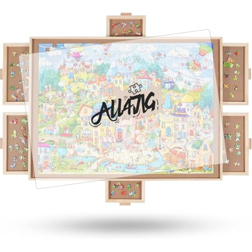 ALL4JIG 1500 Pieces Rotating Puzzle Board with 6 Drawers and Cover,24.92"x33.58"Portable Wooden Jigsaw Puzzle Table for Adults,Lazy Susan Spinning Puzzle Boards Birthday Gift for mom - color: Natural Wood-6 Drawers, size: Medium-1500pcs