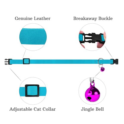 Breakaway Cat Collar Leather with Removable Bell - 13 Colors Available - Soft Adjustable Girl Boy Safety Lightweight Pet Kitten Collars Pink Brown Blue Green Red Orange Black (Aquamarine) - color: Aquamarine