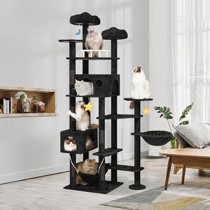 Meecal 79inch Giant Cat Tree for Heavy Duty Big Cats, Multi-Level Luxury Cat Tower with Scratching Post, Cat Condo with Hammocks & Plush Perches for Indoor Cats Large Adult, Black - color: Black