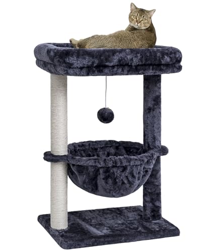SYANDLVY Small Cat Tree for Indoor Cats, Activity Cat Tower with Scratching Post for Kittens, Cat Condo & Furniture with Basket & Hanging Ball for Play Rest - color: Smoky