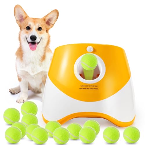 MEKAPLE Automatic Dog Ball Launcher, Dog Ball Thrower with 15 Mini Tennis Balls Sizing 2 Inch and Mesh Bag, Interactive Dogs Toys Tennis Balls Launcher for Small Dogs with 3 Distance Settings - color: Orange