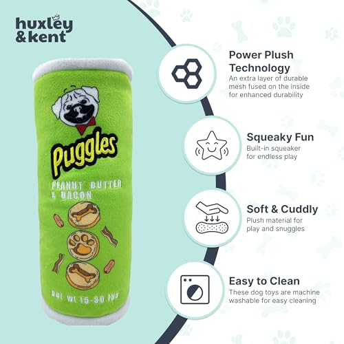 Huxley & Kent Funny Dog Toy w/Squeaker – Power Plush Squeaky Dog Toys for Small, Medium & Large Dogs – Soft Stuffed Animal for Indoor Play & Fetch - Puggles Can, Small - size: Small, style: Puggles Can