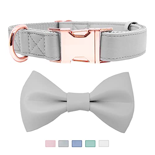 Soft Leather Bowtie Dog Collar - Adjustable Cute Bow Tie Collar [Easy to Clean] with Stylish Rose Gold Heavy Duty Metal Buckle for Small Medium Large Dogs Boy or Girl Gift Grey S - color: Grey, size: S(12.2"-16.9")