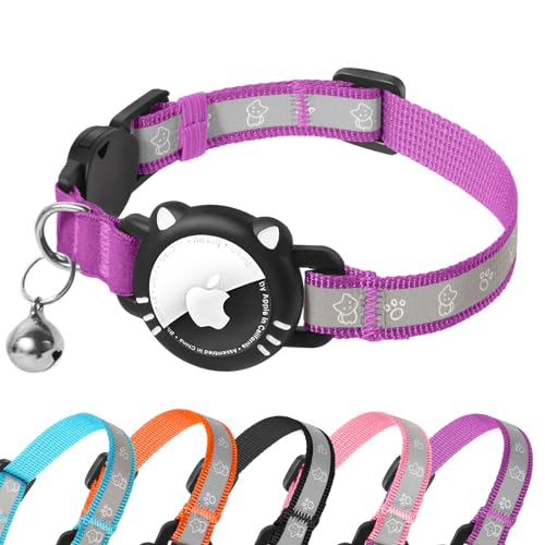 Airtag Cat Collar, Reflective Cat Collar with Apple Air Tag Holder, Breakaway GPS Tracker Pet Collar with Bell for Cat Kitten, Airtag Not Included, Purple, S(9-11 Inch) - color: Purple, size: S (9-13 Inch)