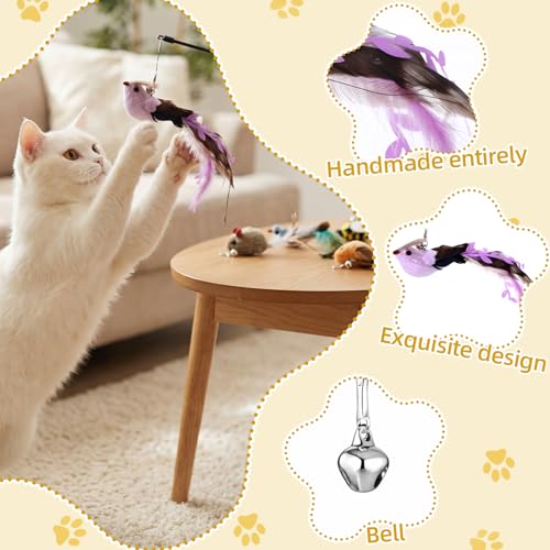 Leitee 30 Pcs Cat Toy Refills Cat Feather Wand Replacement Simulation Bird Insect Mice Toys for Interactive Indoor Outdoor Kitten