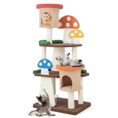 Tangkula Mushroom Cat Tree, Multi-Level Cute Cat Tower with Full-Wrapped Sisal Posts, Scratching Boards & Interactive Balls, 2 Cat Condo, Flower Cat Tree Tower for Indoor Cats Large Adult (57.5 Inch) - size: 57.5 Inch