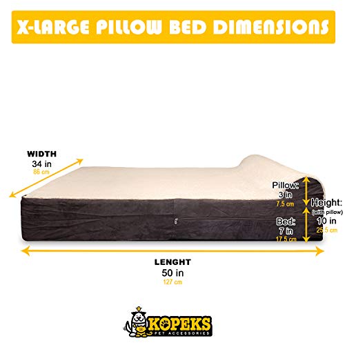KOPEKS Jumbo Orthopedic Dog Bed - 7-inch Thick Memory Foam Pet Bed with Pillow with Removable Cover & Free Waterproof Liner - for Large Breed Dogs, XL, Brown-Plush Top - color: Brown-Plush Top