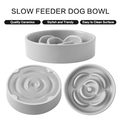 6'' Ceramic Slow Feeder Dog Bowls - Petal Shape Modern Dog Food Dish for Cats and Small Breed Dogs, Puzzle Maze Bowl to Slow Down Eating, Anti-Gulping, Dishwasher & Microwave Safe, Grey - color: Grey, size: 6 inch