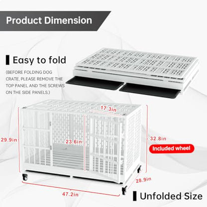 Snuowu 48 Inch Heavy Duty Dog Crate with Wheels, Folding Metal Big Dog Cage for Large and Medium Dogs, Extra Large XL XXL Indestructible Dog Crate with Removable Tray. - size: 48-Inch White （Fold）