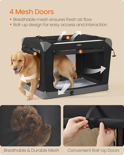 Feandrea Collapsible Dog Crate, Portable Oxford Fabric Pet Travel Crate with 4 Mesh Doors, Handles, Pocket, 36 Inches, for Large Dogs, Ink Black and Dove Gray UPDC029BH01 - size: XL (36"L x 25"W x 25"H)