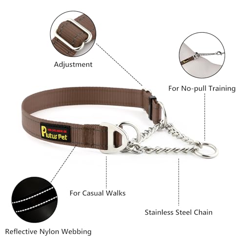 Plutus Pet Martingale Dog Collar with Stainless Steel Chain and Reflective Nylon, Adjustable No Pull Training Collar, for Small Medium, and Large Dogs, Chocolate, M - color: Chocolate, size: Medium
