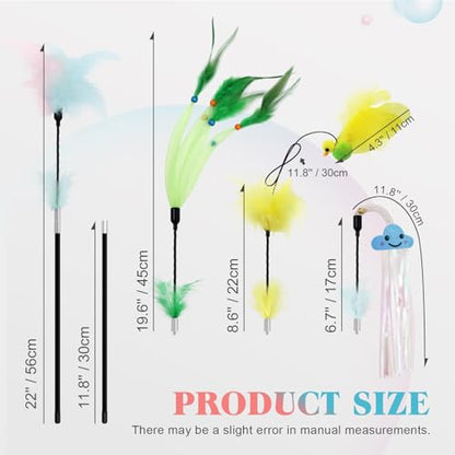Cat Feather Wand Toy - Cat Teaser Toy Wand with 4 Flexible Feather Teaser Refills, Interactive Cute Tassel Cat Toys for Indoor Cats Kittens - color: Plants