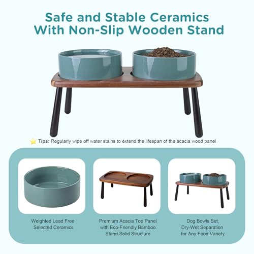 SPUNKYJUNKY Ceramic Elevated Dog Bowls Raised with Acacia Bamboo Wooden Stand, 8.3'' Dog Food Water Bowls Set Non-Slip for Medium Large Sized Breed Microwave Dishwasher Safe - 60 OZ,Dark Green - color: Dark Green, size: 8.3 in - Dual
