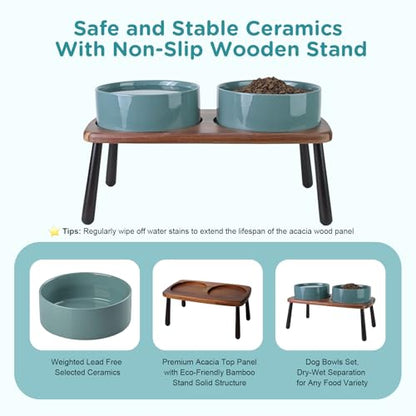 SPUNKYJUNKY Ceramic Elevated Dog Bowls Raised with Acacia Bamboo Wooden Stand, 8.3'' Dog Food Water Bowls Set Non-Slip for Medium Large Sized Breed Microwave Dishwasher Safe - 60 OZ,Dark Green - color: Dark Green, size: 8.3 in - Dual