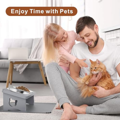 Elevated Cat Bowls, 15° Tilted Raised Cat Food Bowl with Solid Wood Stand & Stainless Steel Dishes, Cat Feeding Station with Silicone Mat, Helps Reduce Vomiting for Cats & Small Dogs(Slate Grey) - color: Gray