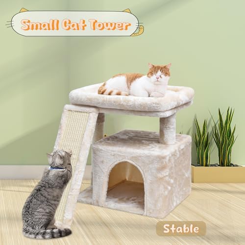 Small Cat Tree for Indoor Cats, Cat Tower with Scratching Post, Perch and Cozy Condo for Kittens and Adult Pets (Beige) - color: Beige