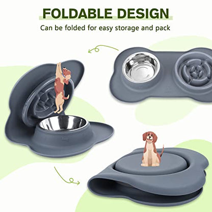 Pecute Slow Feeder Dog Bowls to Slow Down Eating, Dog Bowl Slow Feeder with No-Spill Non-Skid Silicone Mat, Food-Grade Safe Dog Food Bowls Slow Feeder, Stainless Steel Dog Water Bowl for Dogs Cats - size: Medium-1¾ Cup/13.5 oz each