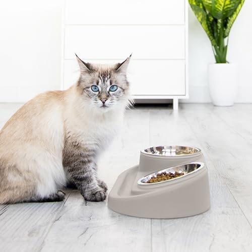 Ubbi Pet Feeding Bowls Set with Non-Slip Mat, Elevated & Flat Stainless Steel Dog or Cat Bowls, Ergonomic 15° Angled Feeder, Dishwasher Safe, Taupe - color: Taupe