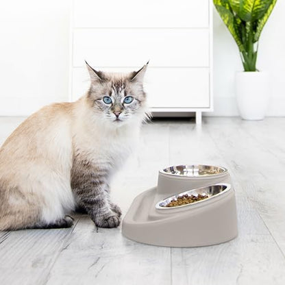 Ubbi Pet Feeding Bowls Set with Non-Slip Mat, Elevated & Flat Stainless Steel Dog or Cat Bowls, Ergonomic 15° Angled Feeder, Dishwasher Safe, Taupe - color: Taupe
