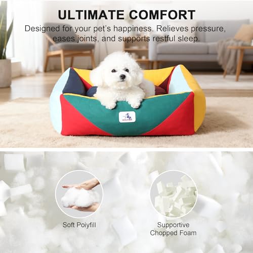 Cotton Canvas Dog Bed, Cute Dog Beds for Small Dogs, Puppy Bed with Washable Removable Cover, Durable 290 GSM Cotton Anti-Chewing Pet Bed with Anti-Slip Bottom (24"x20"x8", Red&Yellow&Green) - color: Red+Green+Yellow, size: Small