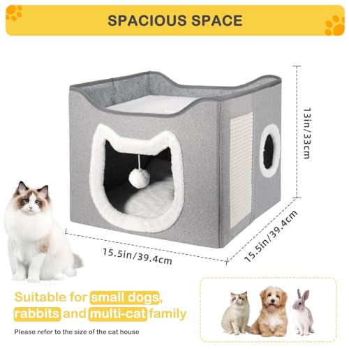 Selecta Grey Indoor Cat House - Foldable, Covered Cat Bed Cave with Fluffy Ball and Scratch Pad