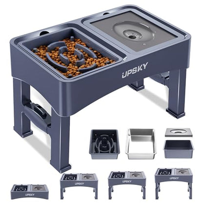 UPSKY 3-in-1 Elevated Dog Bowls Slow Feeder, Adjustable Stand, Stainless Steel Food & No Spill Pet Water Bowl for Small Medium Dogs, Blue - color: F-3 in 1 Blue
