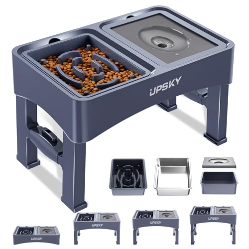 UPSKY 3-in-1 Elevated Dog Bowls Slow Feeder, Adjustable Stand, Stainless Steel Food & No Spill Pet Water Bowl for Small Medium Dogs, Blue - color: F-3 in 1 Blue