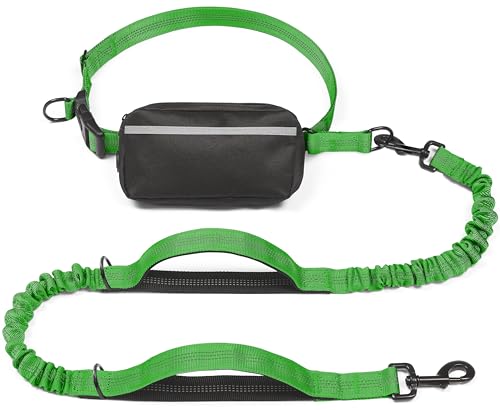 iYoShop Hands Free Dog Leash with Zipper Pouch, Dual Padded Handles and Durable Bungee for Walking, Jogging and Running Your Dog (Large, 25-120 lbs, Emerald) - color: Emerald, size: Large