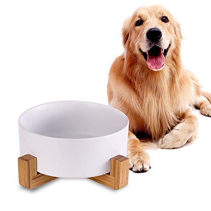 Ceramic Dog Bowl with Bamboo Stand - Large Dog Dish for Food and Water - Heavy Weighted, No Tip Over - 8.4" Diameter - White - color: White