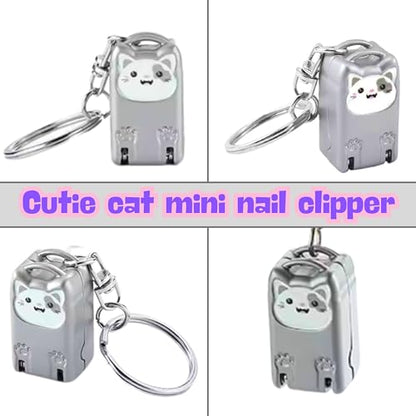 Mini Nail Clippers Keychain, Cute Cat Nail Clipper, Small Foldable Portable Travel Size, Cutie Kitten, Compact Pocket Folding Nail Cutter Keyring (Silver) - color: Silver